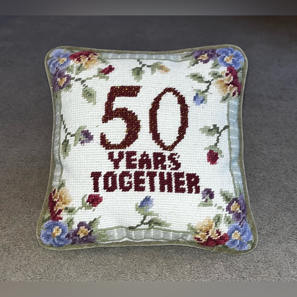 Vintage Needlepoint ‘50 Years Together’ Velvet Floral Small Anniversary Pillow